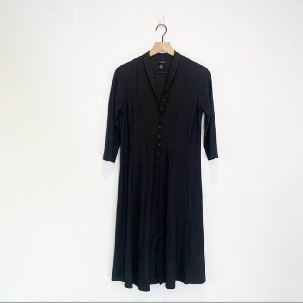 Eileen Fisher Black Button Front 3/4 Sleeve V Neck Midi Dress XS